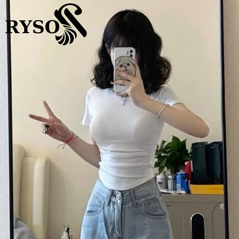 Áo phông nữ RYSO FASHION cộc tay cổ cao dáng xếp ly eo ôm body trơn màu đen trắng