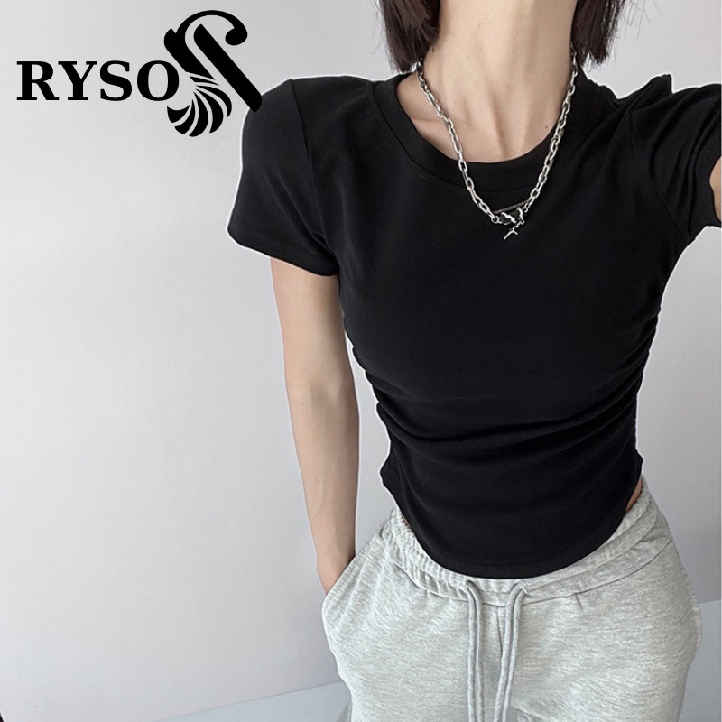 Áo phông nữ RYSO FASHION cộc tay cổ cao dáng xếp ly eo ôm body trơn màu đen trắng