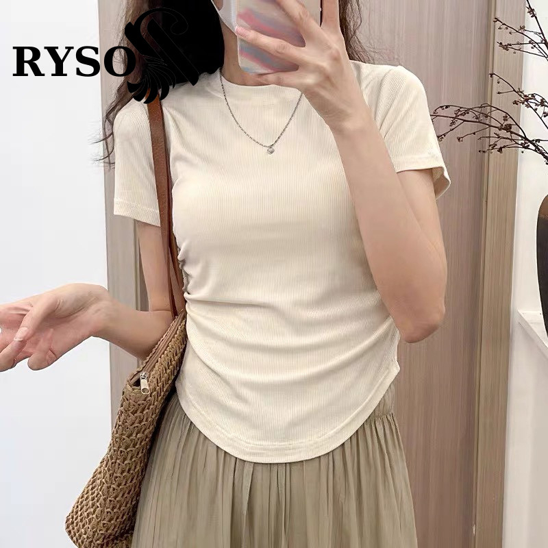 Áo phông nữ RYSO FASHION cộc tay cổ cao dáng xếp ly eo ôm body trơn màu đen trắng