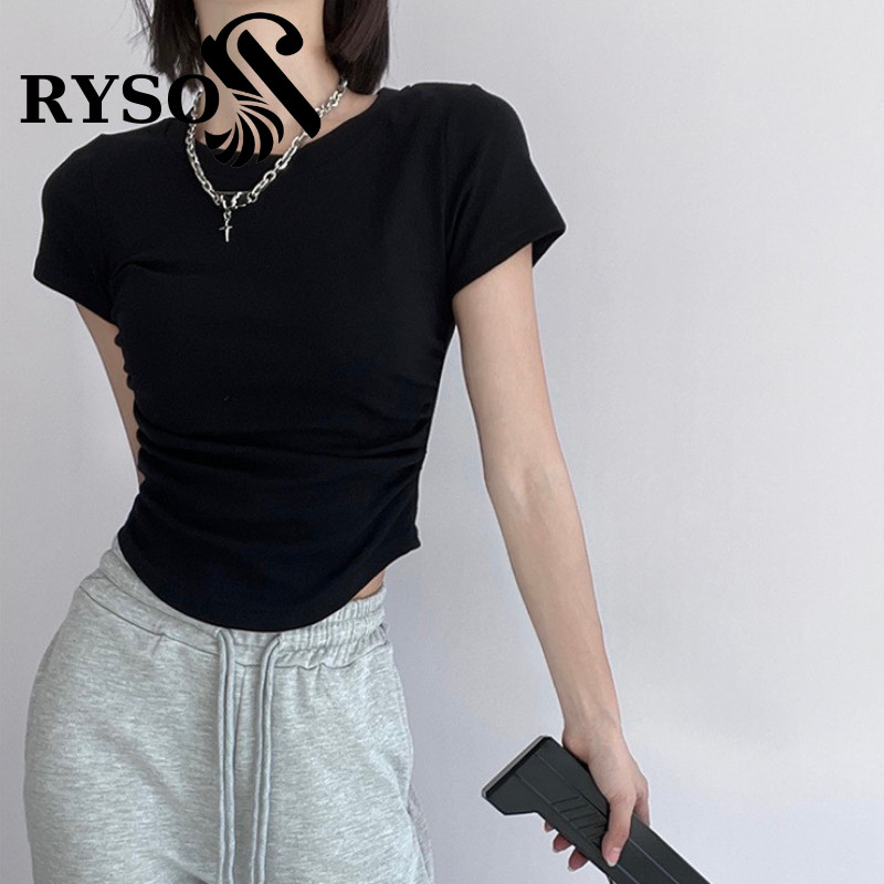 Áo phông nữ RYSO FASHION cộc tay cổ cao dáng xếp ly eo ôm body trơn màu đen trắng