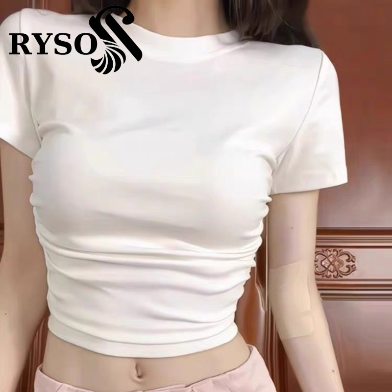 Áo phông nữ RYSO FASHION cộc tay cổ cao dáng xếp ly eo ôm body trơn màu đen trắng
