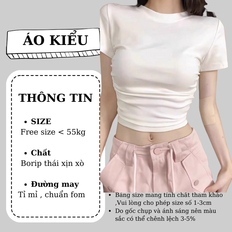 Áo phông nữ RYSO FASHION cộc tay cổ cao dáng xếp ly eo ôm body trơn màu đen trắng