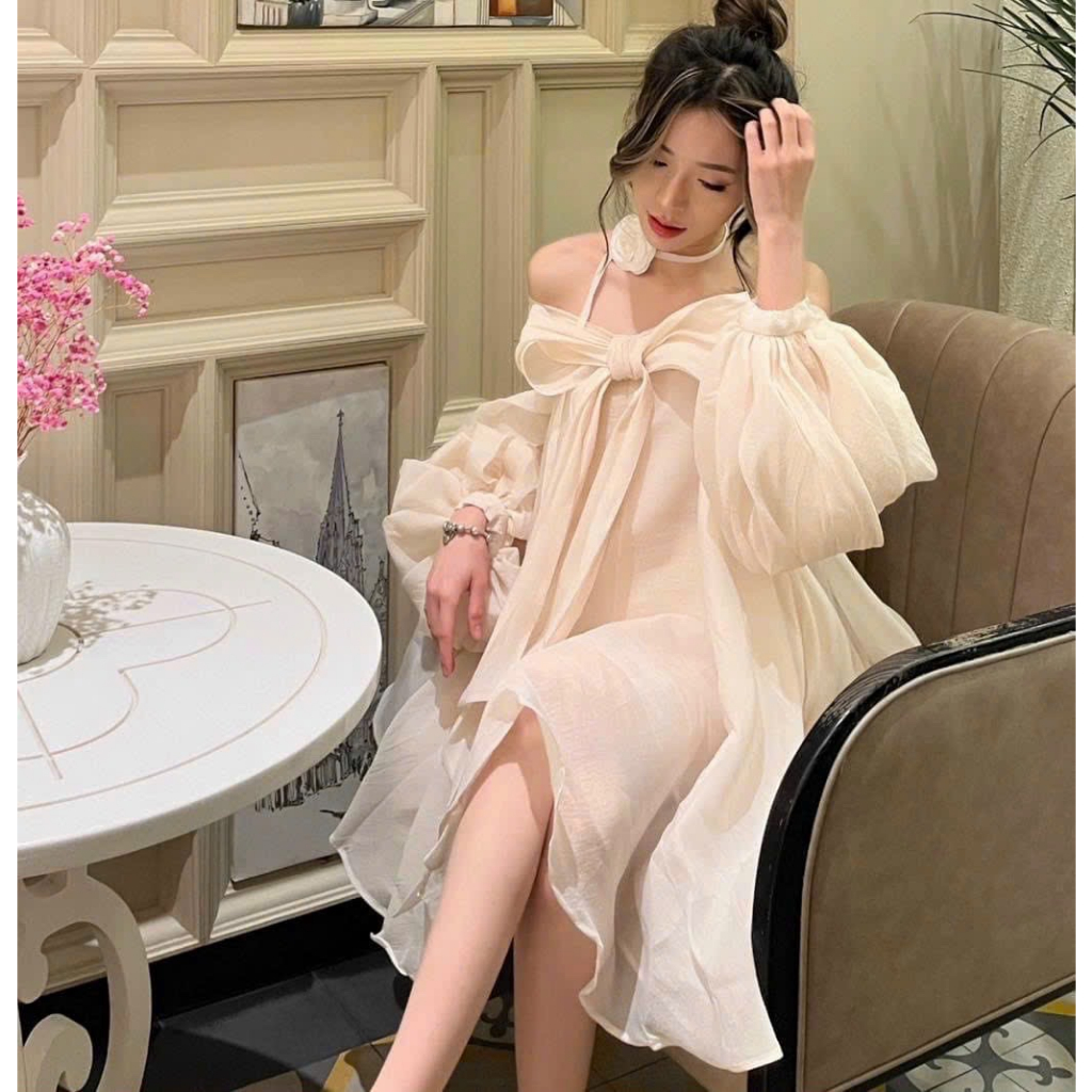 Đầm Babydoll nữ Trễ Vai Tay Bồng Cột NơTiểu Thư Dự Tiệc Dạo Phố Sang Chảnh Thời Trang  XM Minh Ph