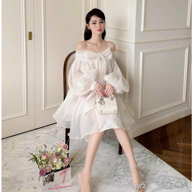 Đầm Babydoll nữ Trễ Vai Tay Bồng Cột NơTiểu Thư Dự Tiệc Dạo Phố Sang Chảnh Thời Trang  XM Minh Ph