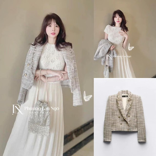 Áo khoác dạ dáng ngắn kẻ Zara xuất A237