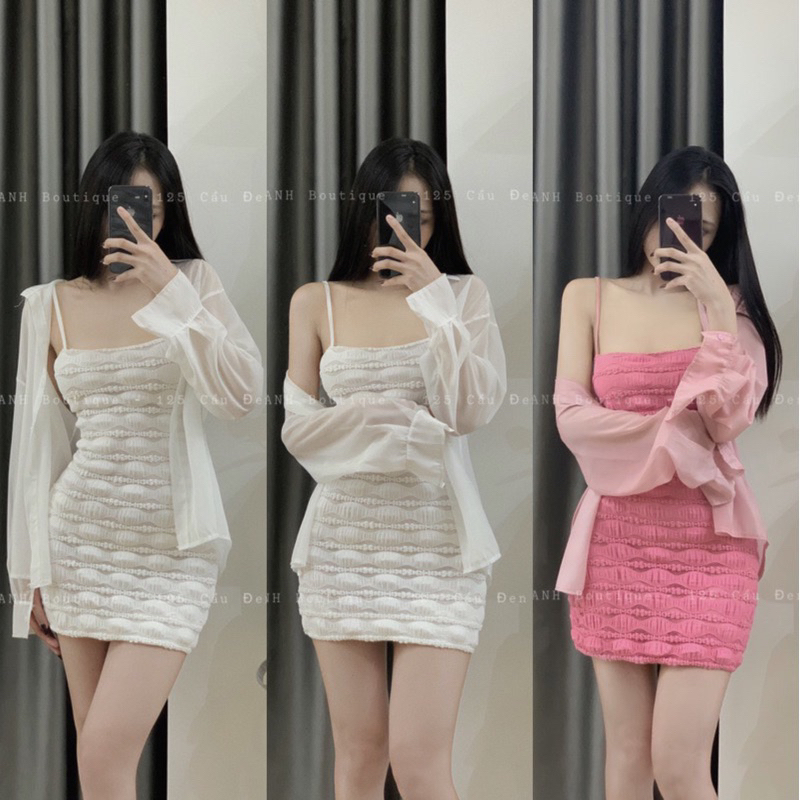 Sét Đầm Sơmi kèm Áo Sơ Mi Voan mỏng Đi Biển