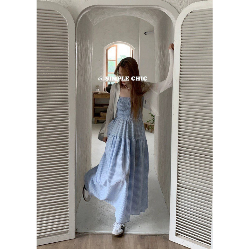 - Set 2 món váy dây kẻ chun phối áo khoác - LB02 - jannahouse