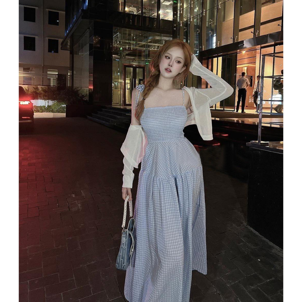 - Set 2 món váy dây kẻ chun phối áo khoác - LB02 - jannahouse