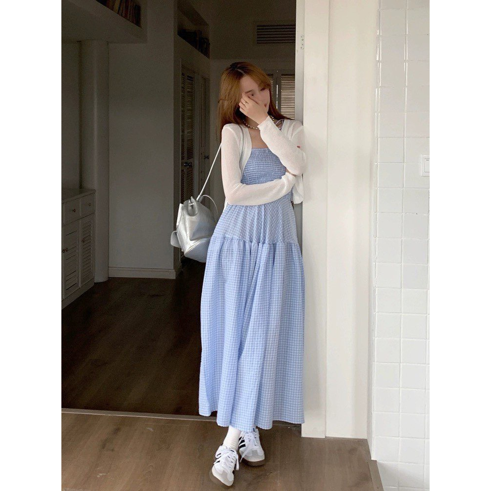 - Set 2 món váy dây kẻ chun phối áo khoác - LB02 - jannahouse