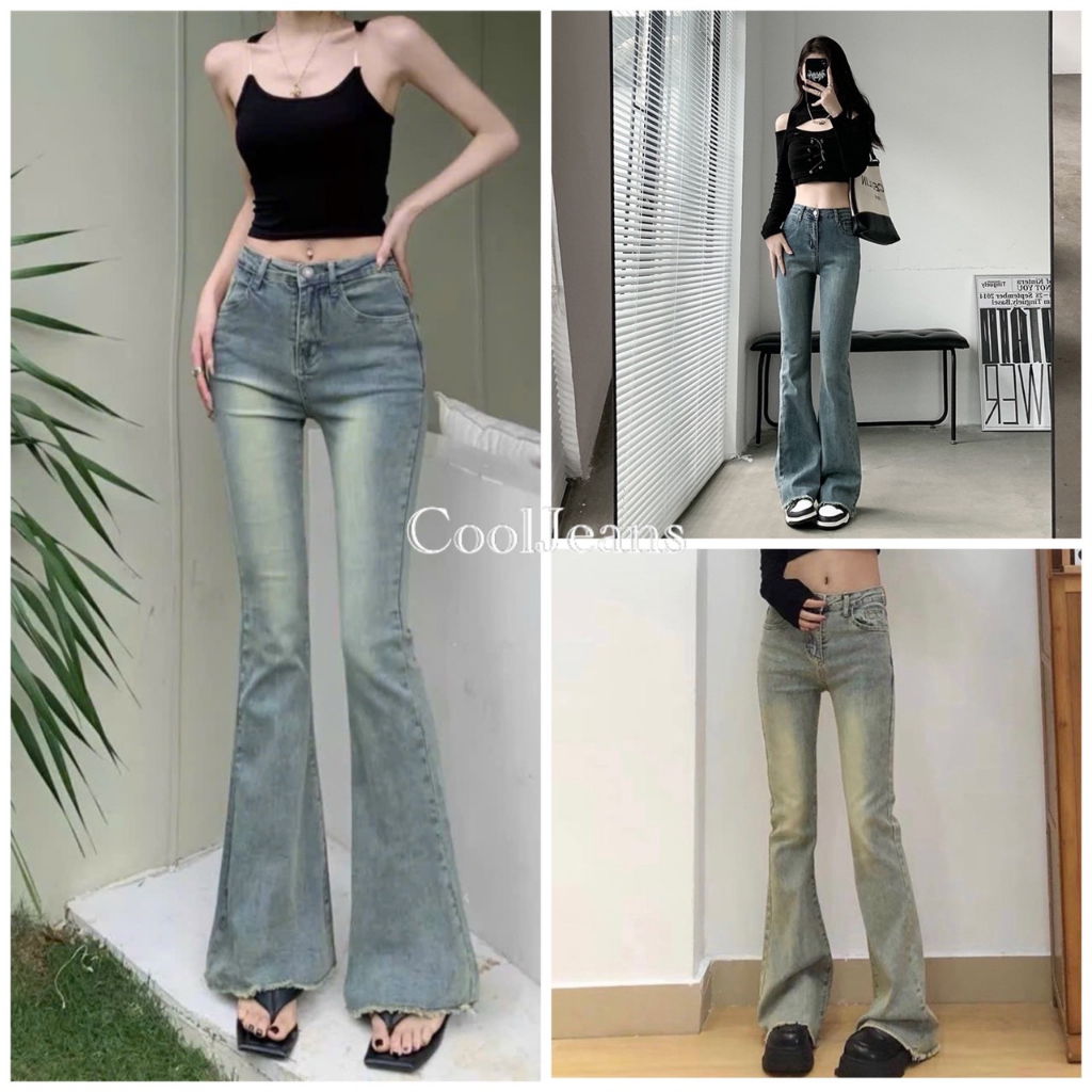 Quần jean ống loe cạp cao dáng dài tua rua