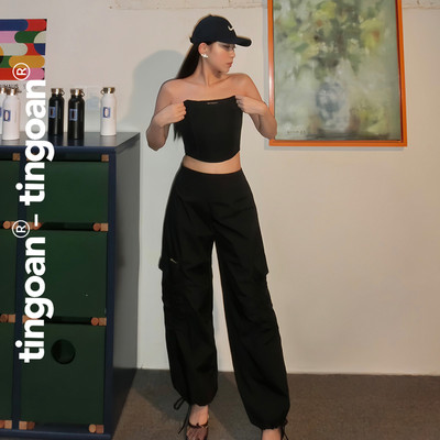 TINGOAN® - Quần dài cạp thường nhún túi có logo TINGOAN® rút dây gấu đen NIKKI PANTS/BL