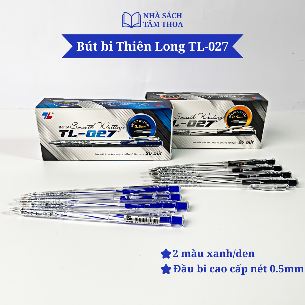 Bút bi Thiên Long TL-027, bút bi bấm màu xanh đen, nét nhỏ 0.5mm