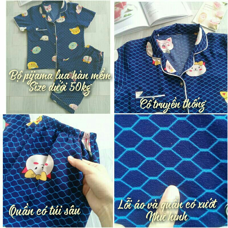 ☘2hand- Bộ pijama lụa satin lửng hồng hạc