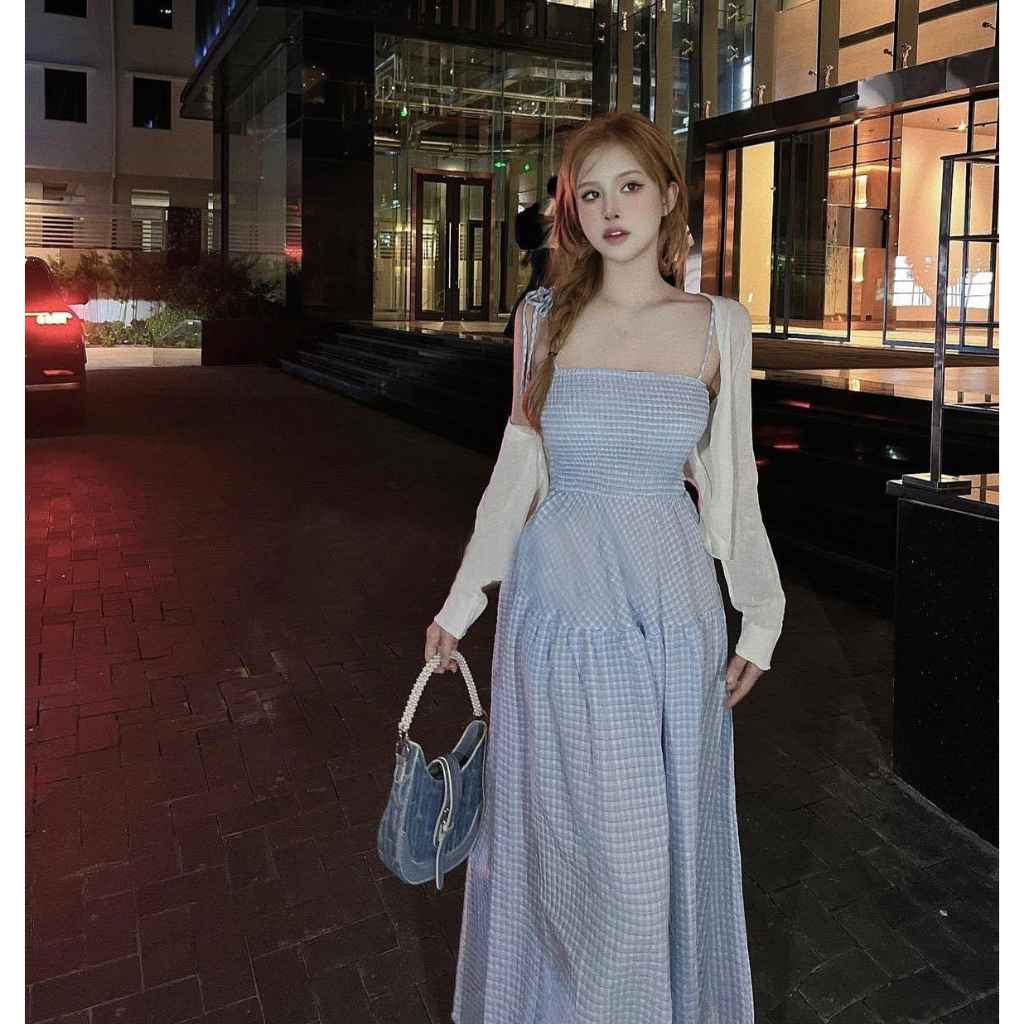 - Set 2 món váy dây kẻ chun phối áo khoác - LB02 - jannahouse