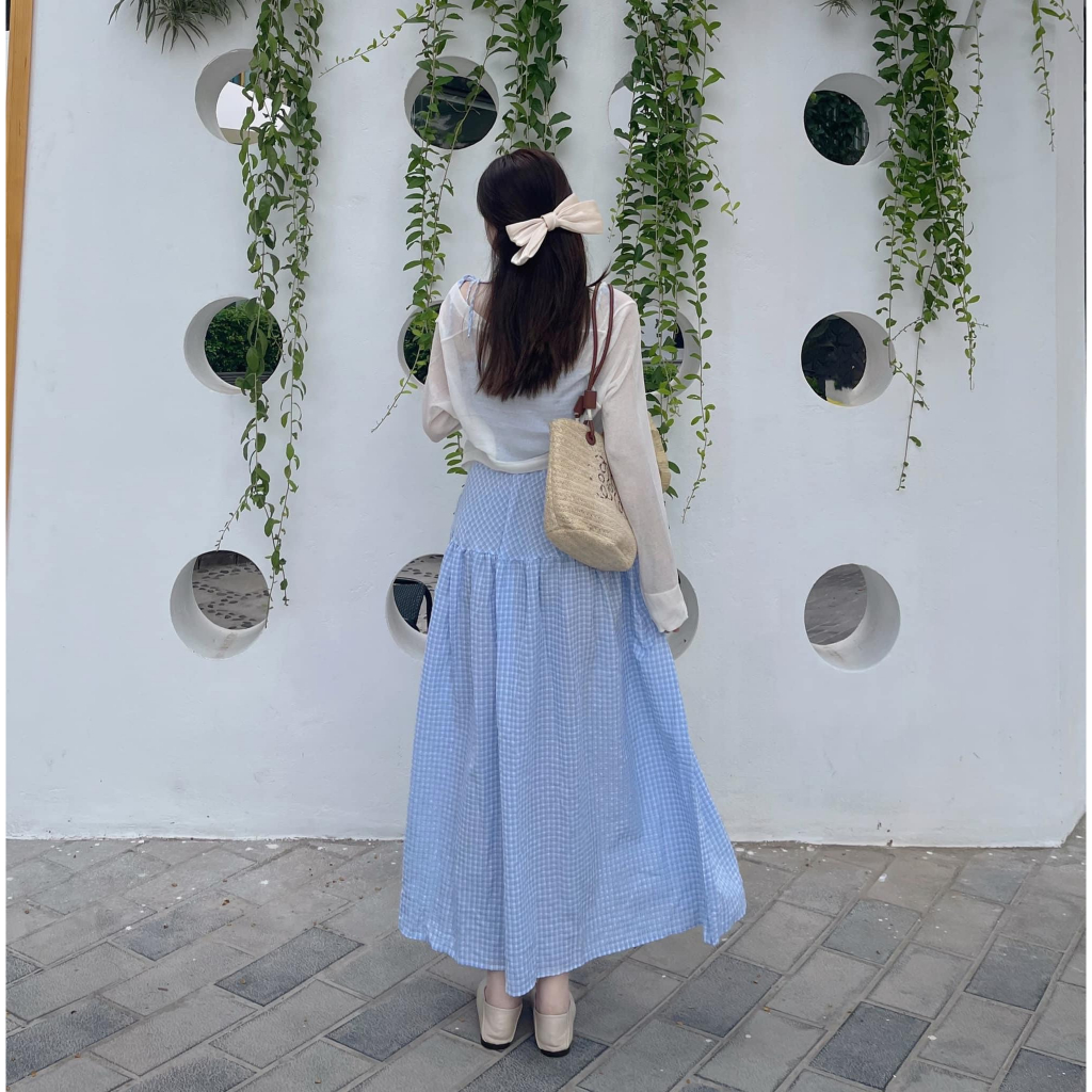 - Set 2 món váy dây kẻ chun phối áo khoác - LB02 - jannahouse