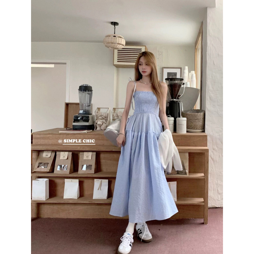 - Set 2 món váy dây kẻ chun phối áo khoác - LB02 - jannahouse