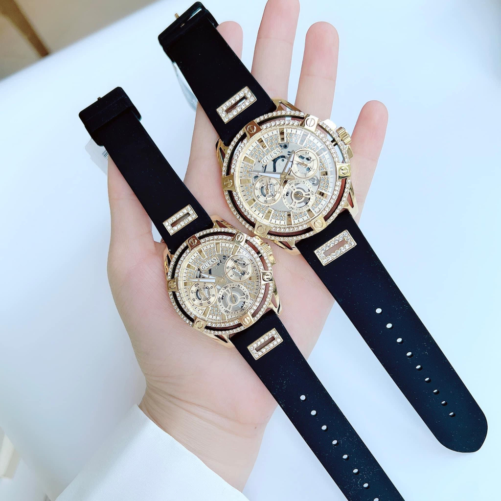 Đồng hồ nữ Guess GW0536L3 Gold-Tone and Black Silicone Watch 40mm, Authentic, Full box, Luxury Diamond Watch