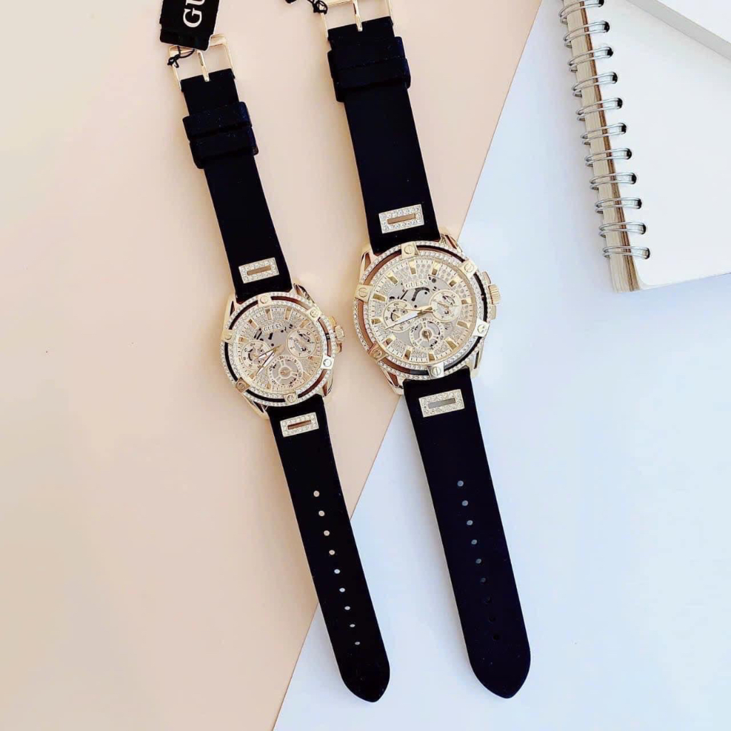 Đồng hồ nữ Guess GW0536L3 Gold-Tone and Black Silicone Watch 40mm, Authentic, Full box, Luxury Diamond Watch