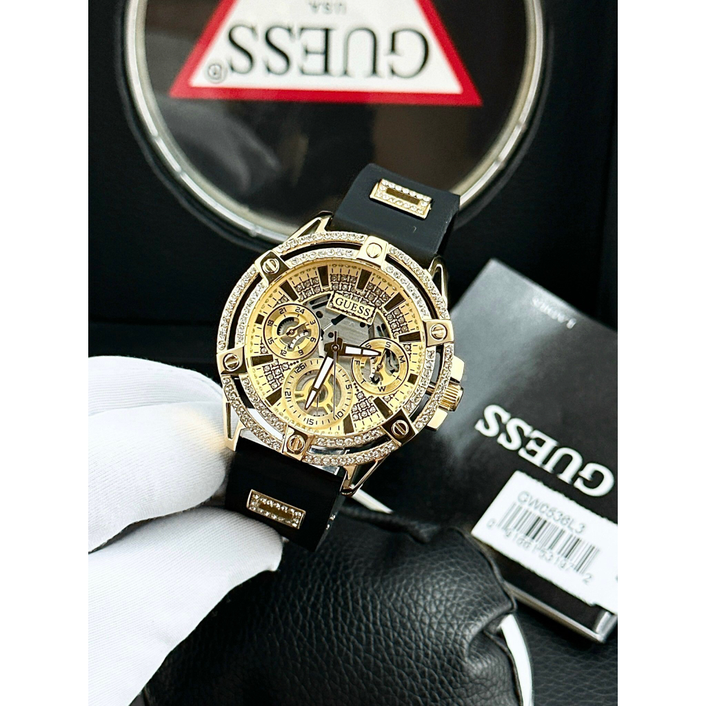 Đồng hồ nữ Guess GW0536L3 Gold-Tone and Black Silicone Watch 40mm, Authentic, Full box, Luxury Diamond Watch