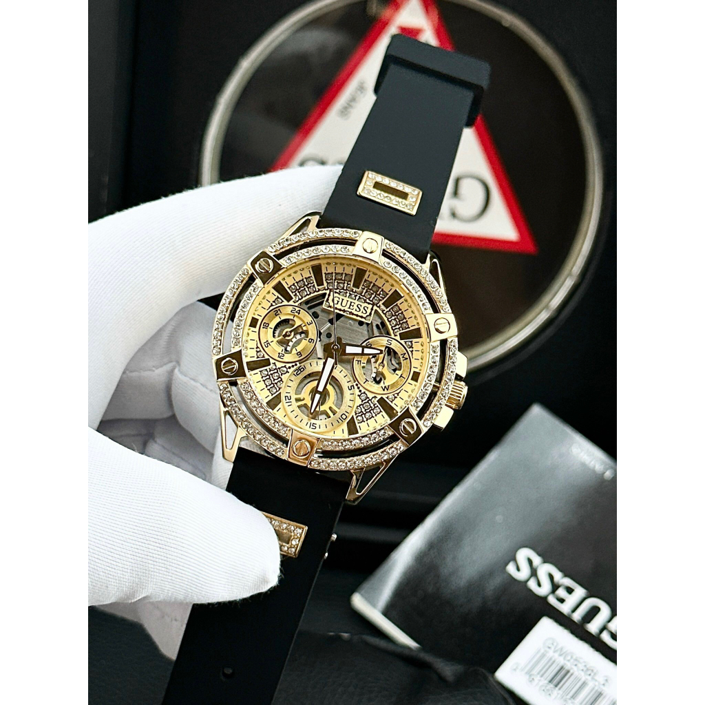 Đồng hồ nữ Guess GW0536L3 Gold-Tone and Black Silicone Watch 40mm, Authentic, Full box, Luxury Diamond Watch