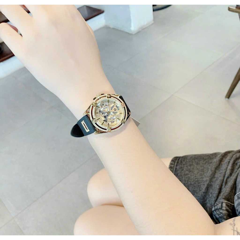 Đồng hồ nữ Guess GW0536L3 Gold-Tone and Black Silicone Watch 40mm, Authentic, Full box, Luxury Diamond Watch