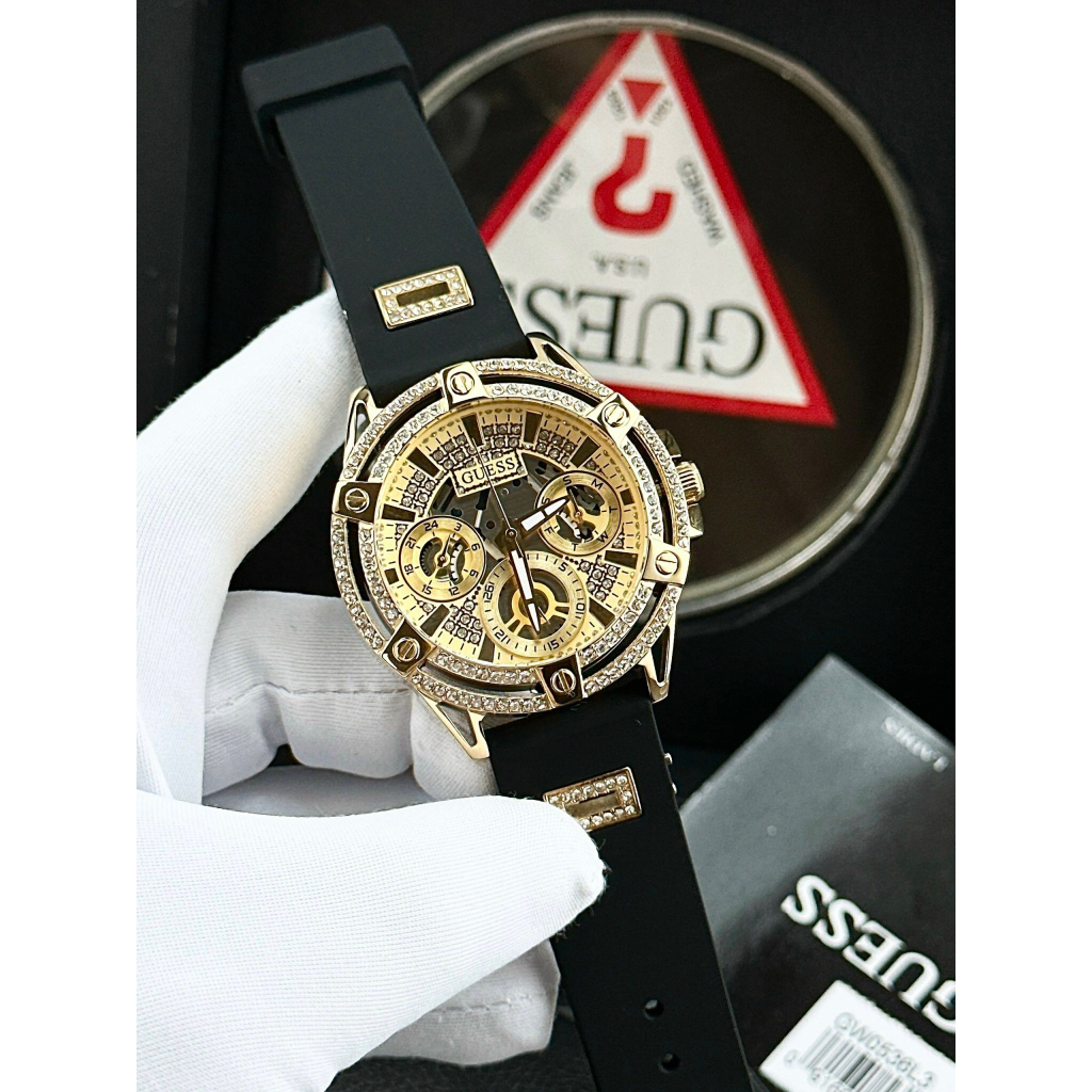 Đồng hồ nữ Guess GW0536L3 Gold-Tone and Black Silicone Watch 40mm, Authentic, Full box, Luxury Diamond Watch