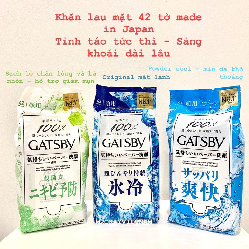 Khăn ướt lau mặt Gatsby mát lạnh sảng khoái tức thì gói 42 tờ