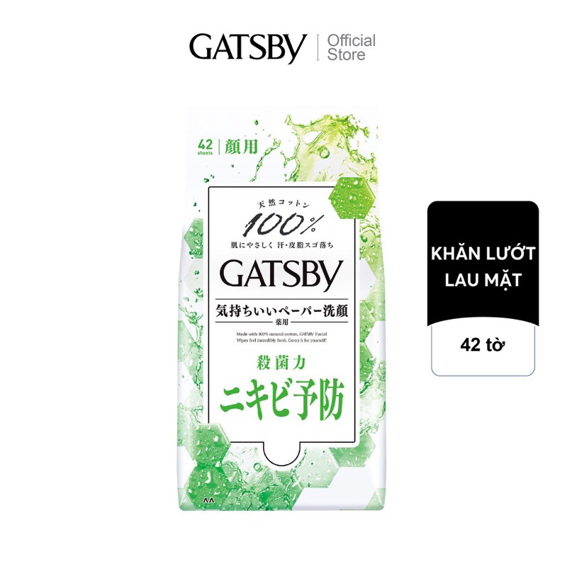 Khăn ướt lau mặt Gatsby mát lạnh sảng khoái tức thì gói 42 tờ