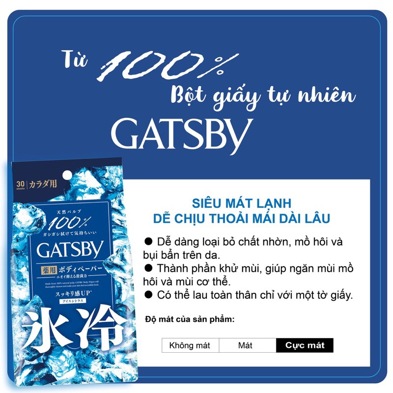 Khăn ướt lau mặt Gatsby mát lạnh sảng khoái tức thì gói 42 tờ