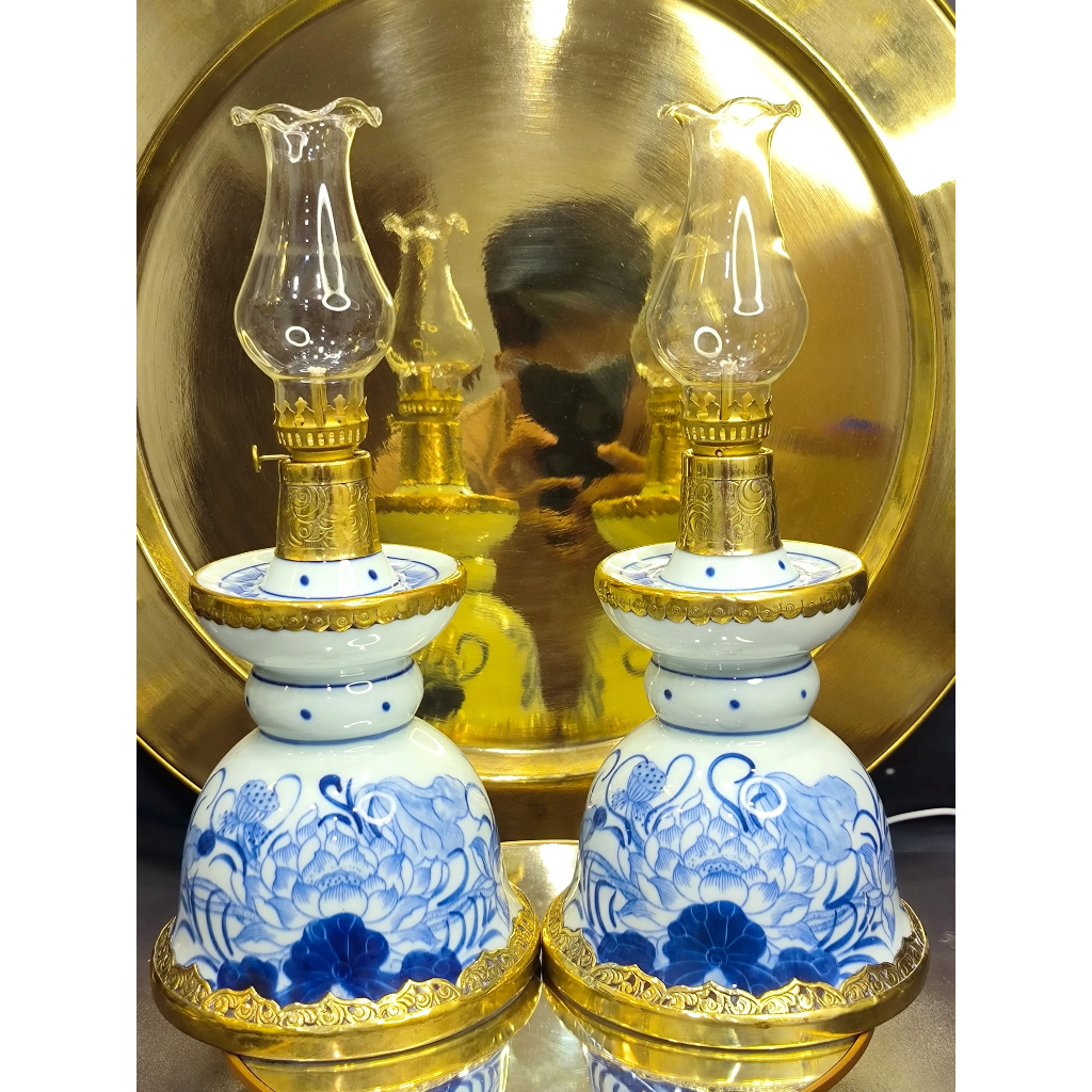Đèn Dầu Tháp Bút Vẽ Họa Tiết Hoa Sen Cao Cấp Bầu 14cm