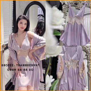 ❤️Hàng QC❤️Set váy ngủ+áo choàng phối ren sexy_Thanhhien997_lụa satin cao cấp,tôn đang,mền mịn mát 1053.