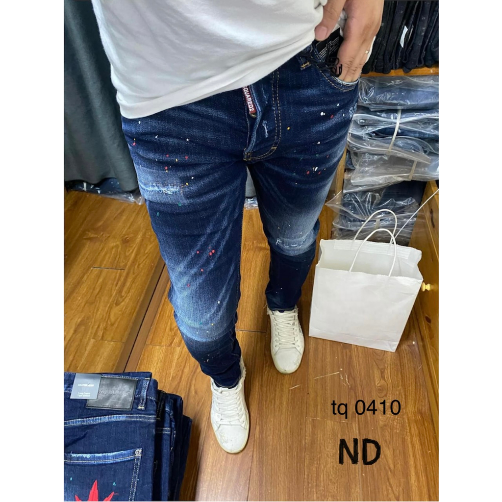 Quần Jeans DSQ Xanh Sáng Form Slimfit Quần Bò Nam Xanh Mài Loang Vẩy Sơn Rách Gối Họa Tiết Siêu Hottrend