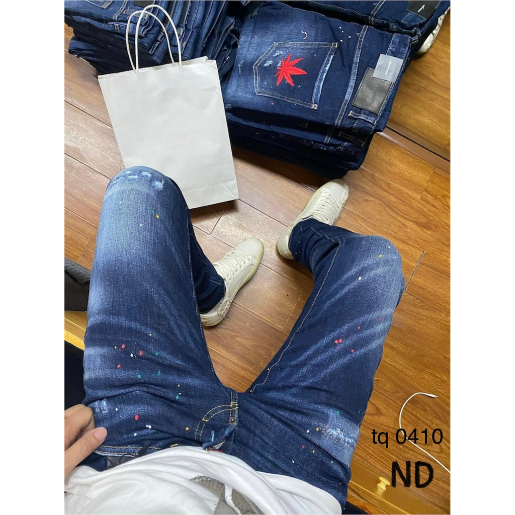 Quần Jeans DSQ Xanh Sáng Form Slimfit Quần Bò Nam Xanh Mài Loang Vẩy Sơn Rách Gối Họa Tiết Siêu Hottrend