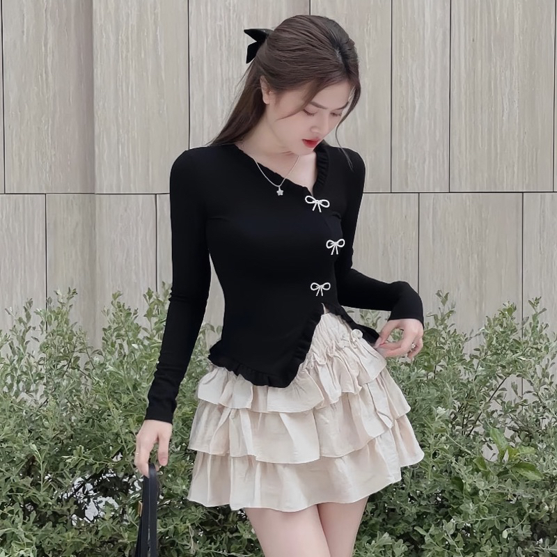 Sét Váy Dài Tay Gắn Ghim Nơ + Chân Váy Ngắn Xoè 3 Tầng