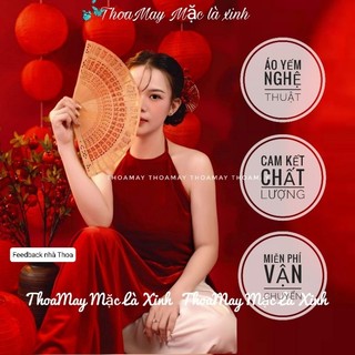 Áo dài yếm nhung đỏ tươi kèm quần lụa mỹ trắng kem chụp ảnh nghệ thuật yn1