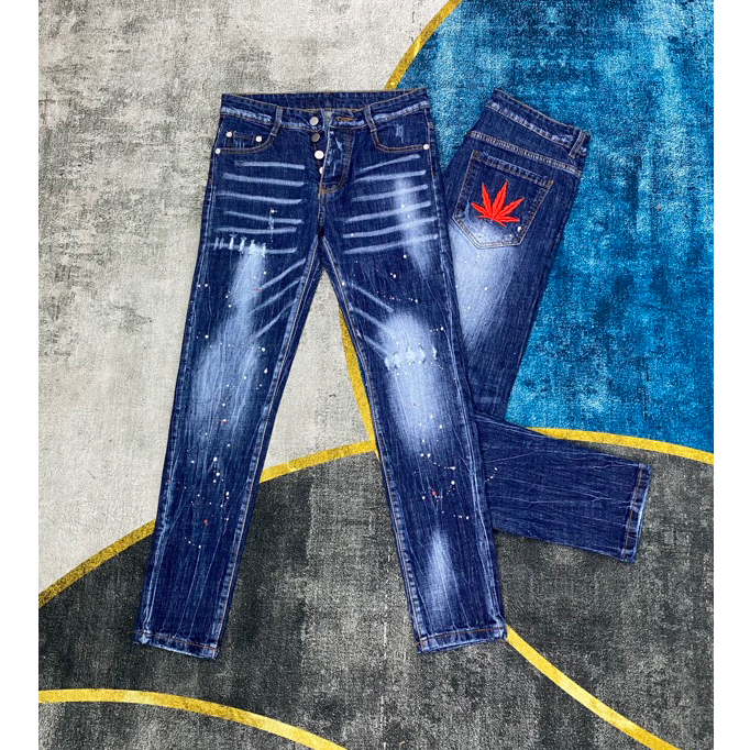 Quần Jeans DSQ Xanh Sáng Form Slimfit Quần Bò Nam Xanh Mài Loang Vẩy Sơn Rách Gối Họa Tiết Siêu Hottrend