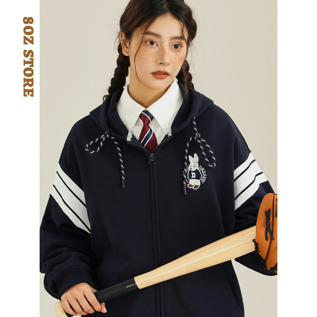 Áo khoác nỉ chân cua phối tay kẻ from rộng in hình "D" áo hoodie da cá 2023