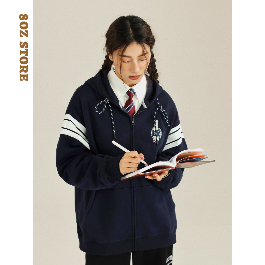 Áo khoác nỉ chân cua phối tay kẻ from rộng in hình "D" áo hoodie da cá 2023