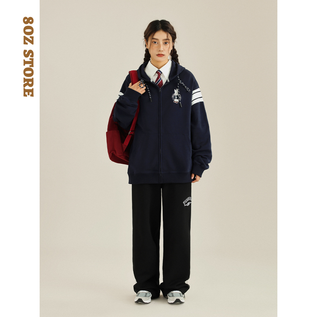 Áo khoác nỉ chân cua phối tay kẻ from rộng in hình "D" áo hoodie da cá 2023