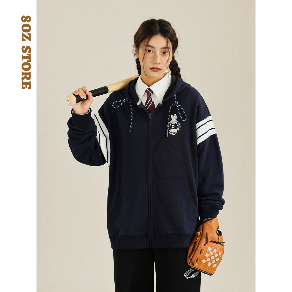 Áo khoác nỉ chân cua phối tay kẻ from rộng in hình "D" áo hoodie da cá 2023