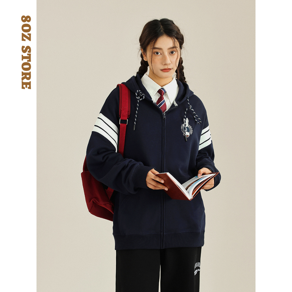 Áo khoác nỉ chân cua phối tay kẻ from rộng in hình "D" áo hoodie da cá 2023