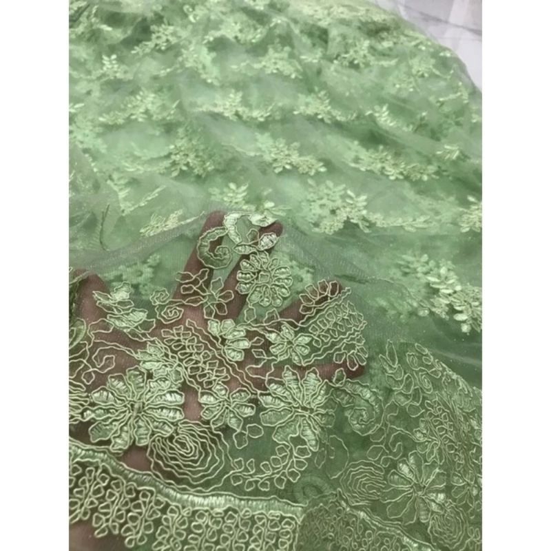 Vải ren chỉ lưới thêu cao cấp 2 biên đẹp sang màu xanh cốm _ may đầm váy áo thiết kế vv