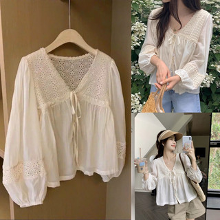 Áo thô ren thêu hoa babydoll weidoustudio doubleh.clo - áo sơ mi thô đũi mỏng 2 lớp viền hoa nổi cổ v có lót tay bồng qc
