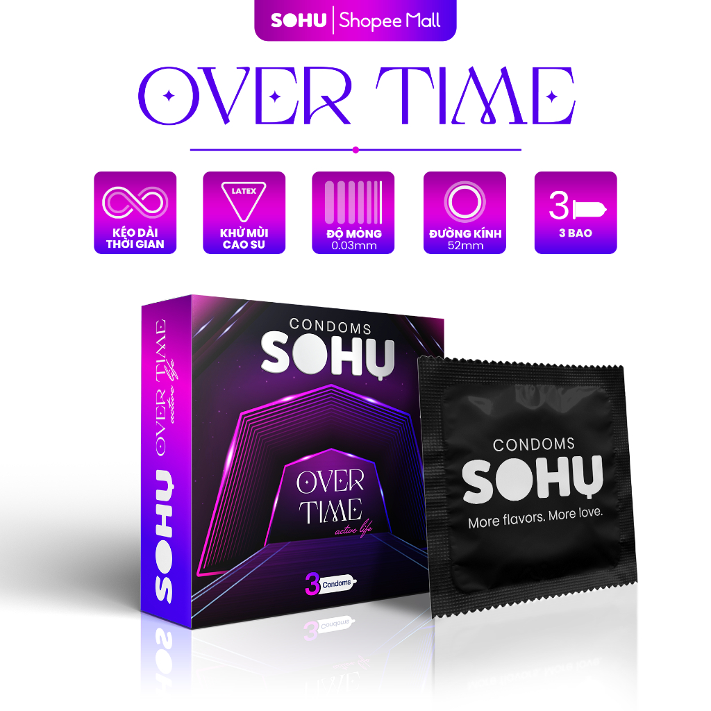 Bao Cao Su SOHU Over Time Siêu Mỏng, Kéo Dài Thời Gian, Nhiều Gel Bôi Trơn size 52mm