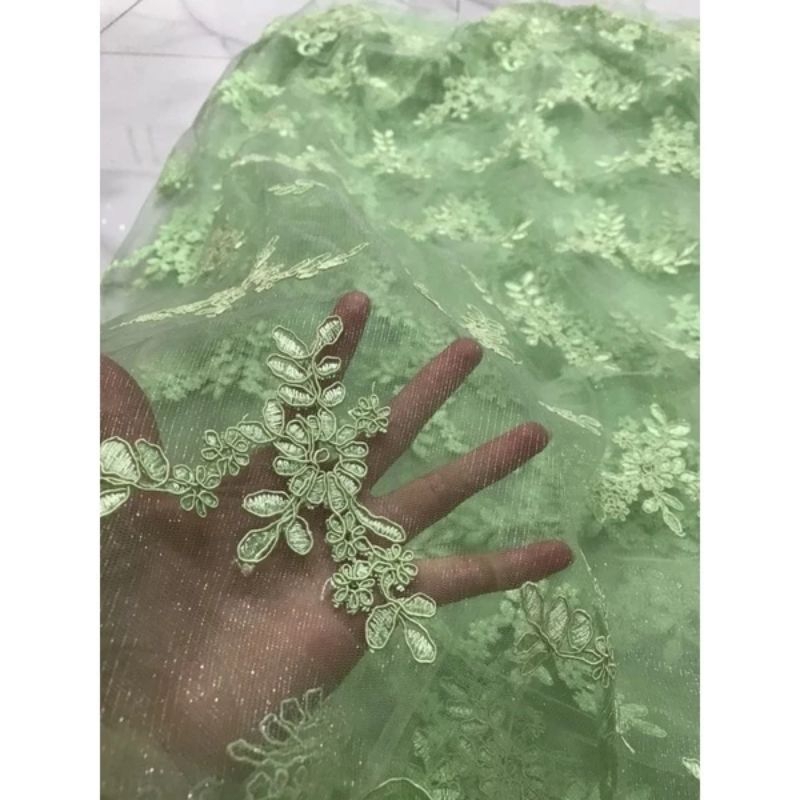 Vải ren chỉ lưới thêu cao cấp 2 biên đẹp sang màu xanh cốm _ may đầm váy áo thiết kế vv
