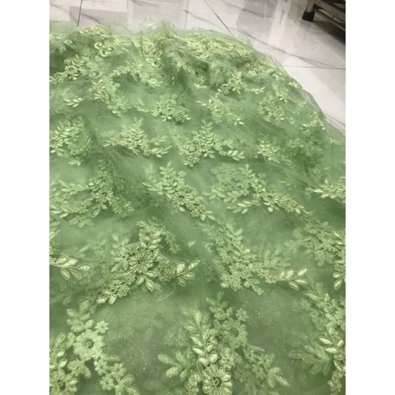 Vải ren chỉ lưới thêu cao cấp 2 biên đẹp sang màu xanh cốm _ may đầm váy áo thiết kế vv