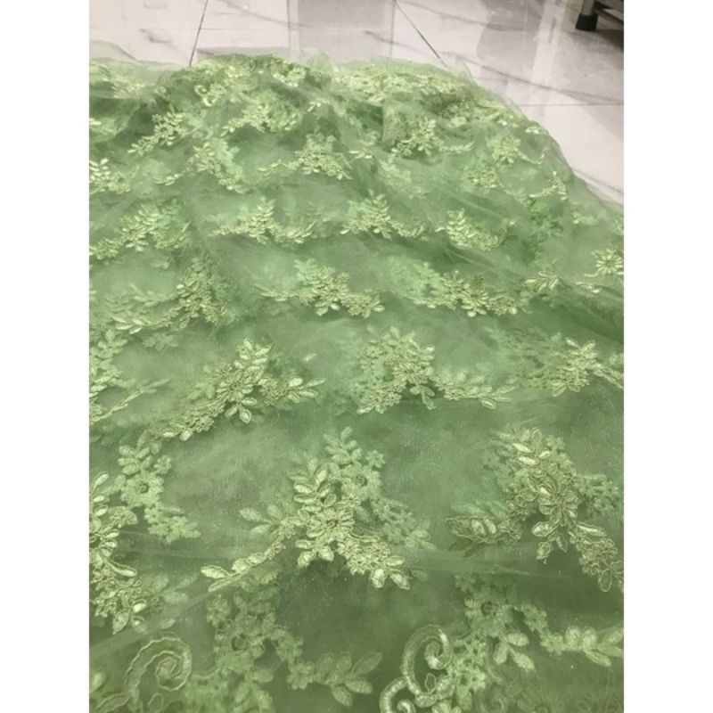 Vải ren chỉ lưới thêu cao cấp 2 biên đẹp sang màu xanh cốm _ may đầm váy áo thiết kế vv