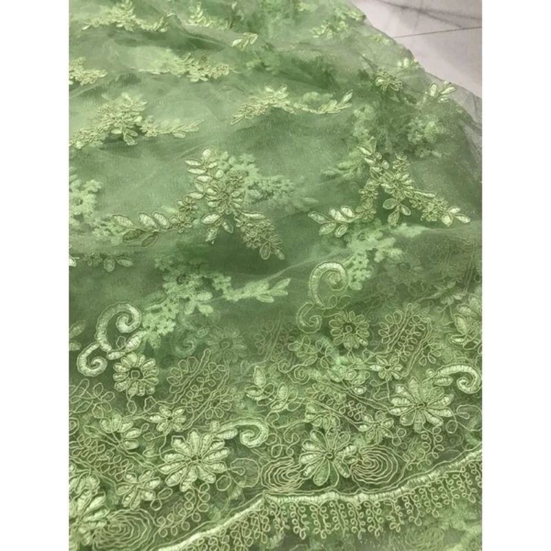 Vải ren chỉ lưới thêu cao cấp 2 biên đẹp sang màu xanh cốm _ may đầm váy áo thiết kế vv
