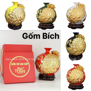 Bình hút lộc dát vàng cao 22cm công đào phú quý vinh hoa dát vàng bình phong thủy tài lộc gốm sứ bát tràng