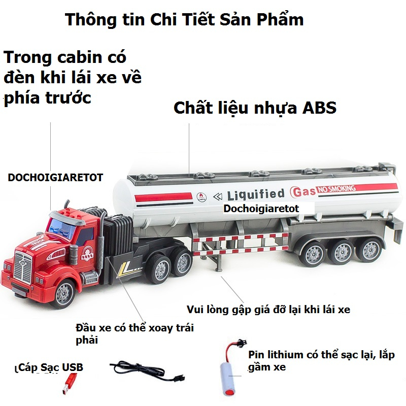 Xe đầu kéo container siêu dài 35cm chở xăng, xe bồn xăng điều khiển 1:32 (pin sạc)